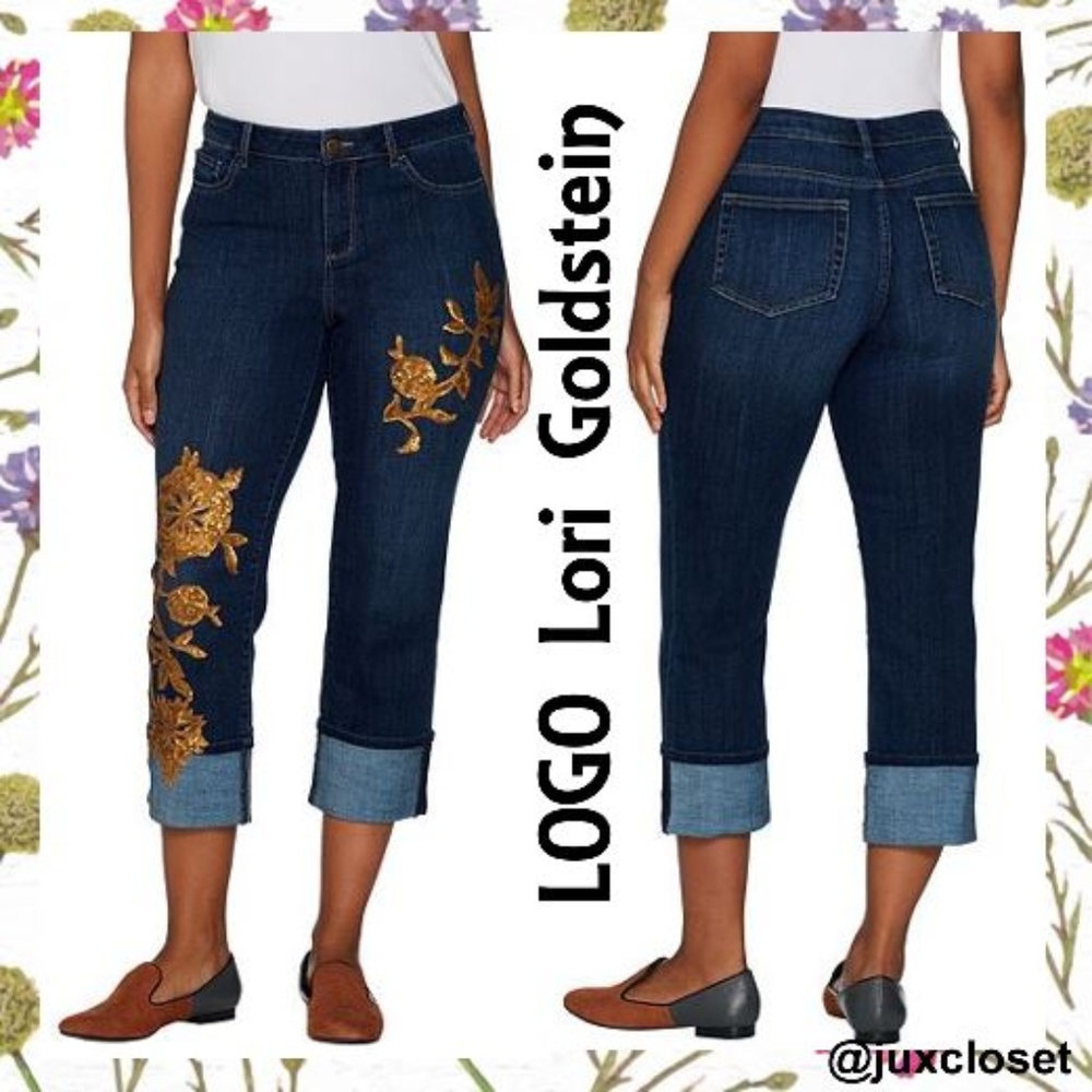 LOGO-Lori Goldstein Straight Leg Crop Sequin Jeans